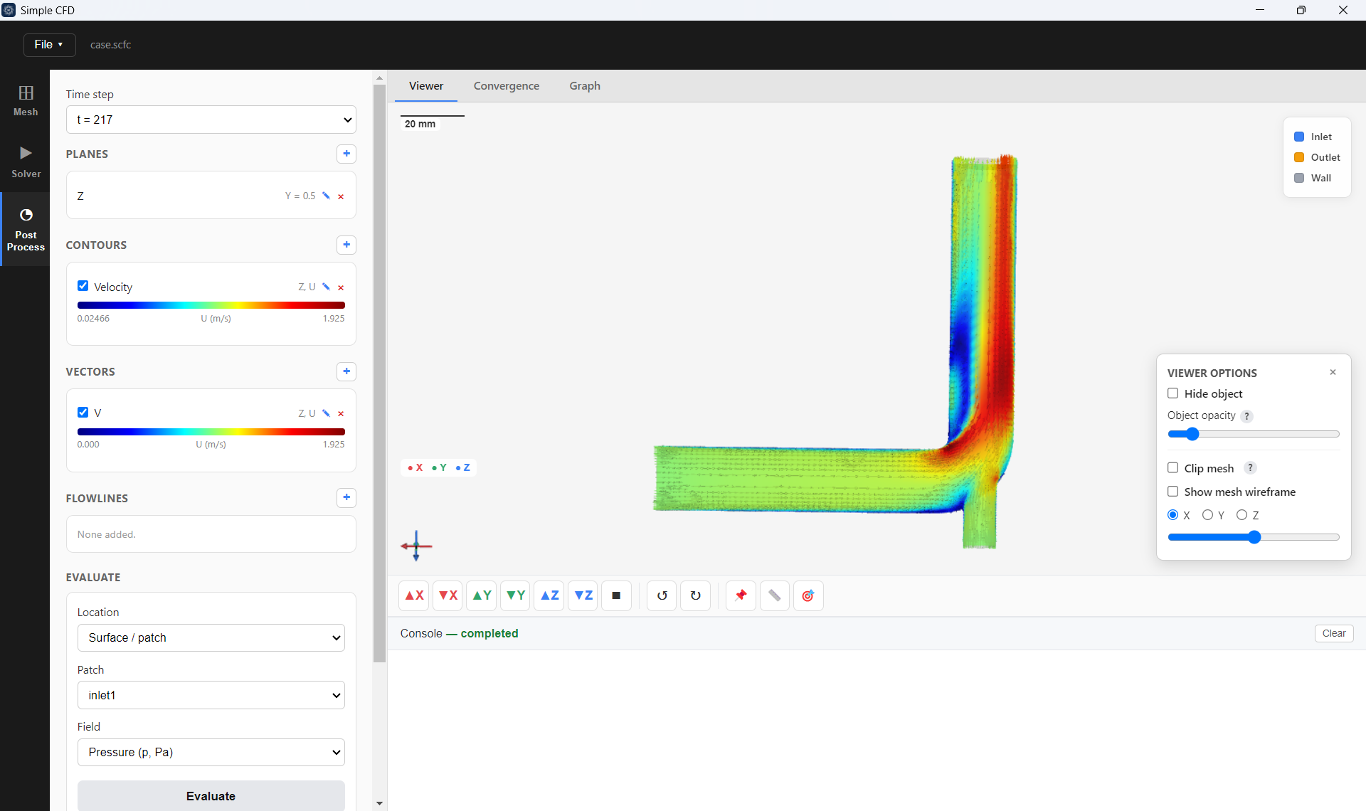 Simple CFD viewer showing a velocity contour on a pipe elbow, with the mesh cross-section and colour scale visible in the Post Process panel.
