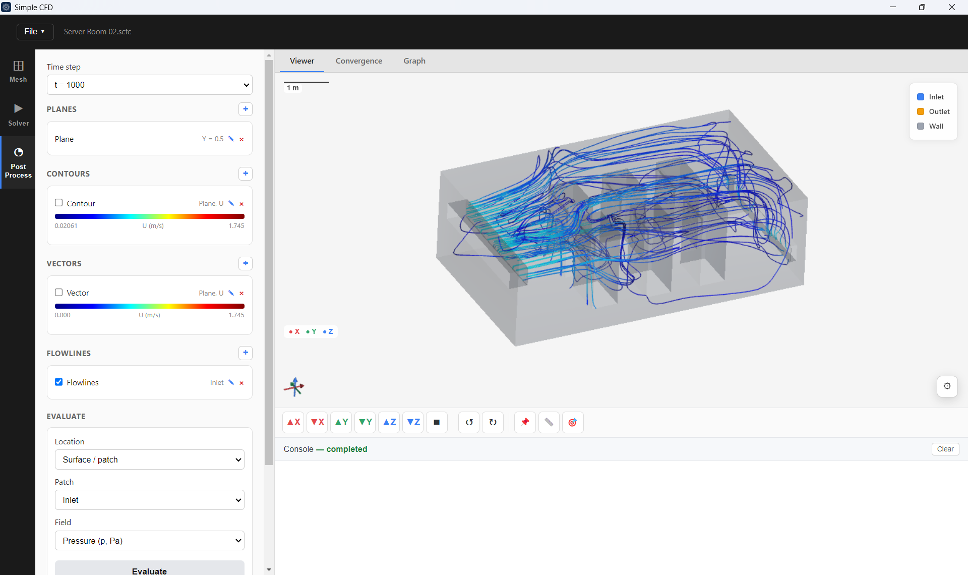 Simple CFD viewer showing flowline traces of airflow through a server room layout, tracked from the inlet across the equipment racks.