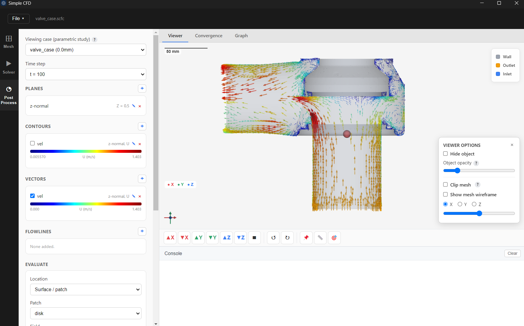 Simple CFD viewer showing velocity vector results for a valve, with contour plots, viewer options, and an Evaluate panel reporting force on the disk — all visible in a single, uncluttered window.